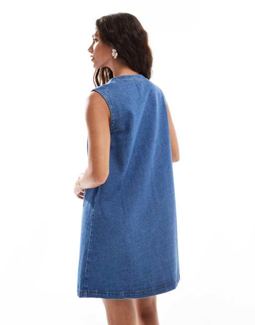 ASOS DESIGN - Vestito corto a trapezio in denim blu medio con bottoni, 3 di 4