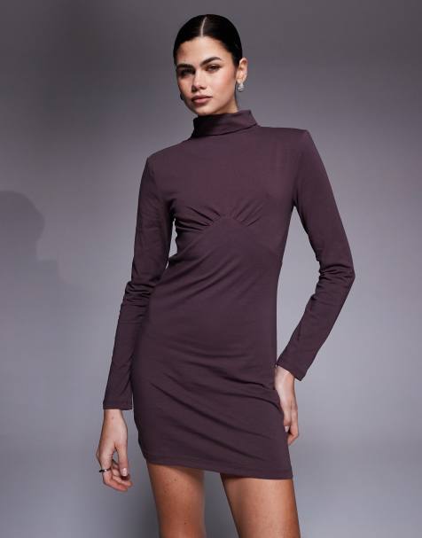 ASOS DESIGN - Vestito corto accollato a maniche lunghe color cioccolato con dettaglio sotto il seno - view 1