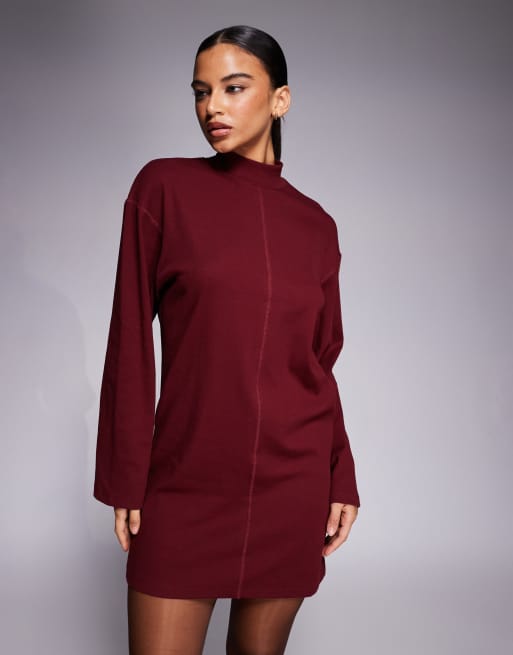 ASOS DESIGN - Vestito corto accollato bordeaux a coste con cucitura al centro, 2 di 4