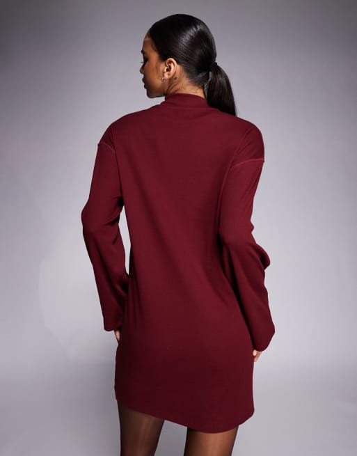 ASOS DESIGN - Vestito corto accollato bordeaux a coste con cucitura al centro, 4 di 4