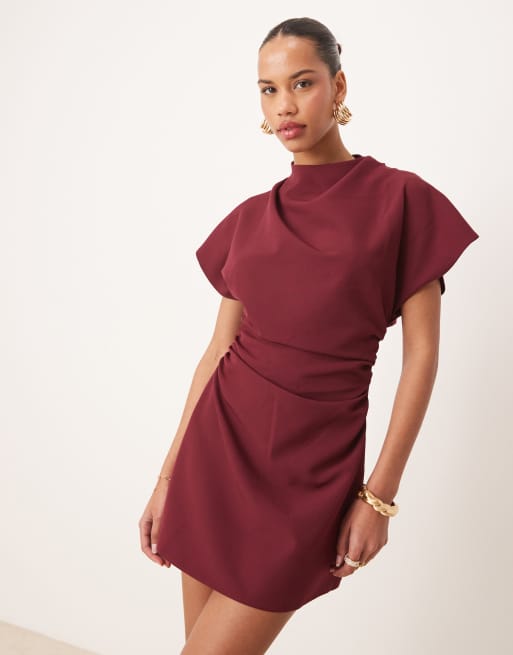 ASOS DESIGN - Vestito corto accollato bordeaux con maniche a kimono e apertura sul retro, 2 di 4