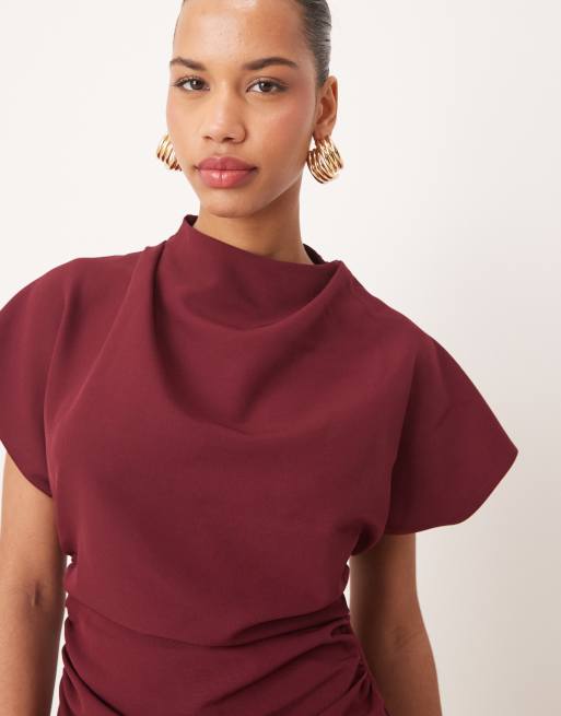 ASOS DESIGN - Vestito corto accollato bordeaux con maniche a kimono e apertura sul retro, 3 di 4