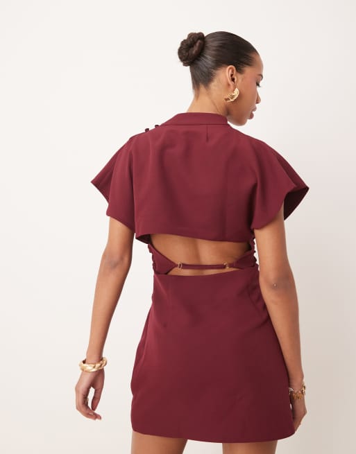 ASOS DESIGN - Vestito corto accollato bordeaux con maniche a kimono e apertura sul retro, 4 di 4