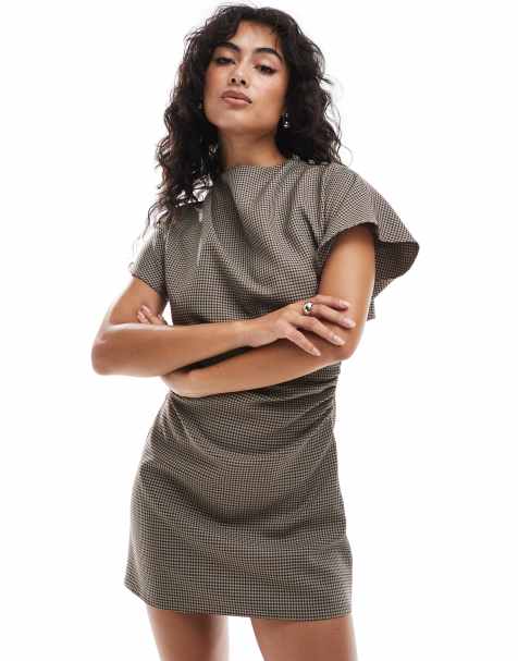 ASOS DESIGN - Vestito corto accollato color marrone a quadri con maniche a kimono e apertura sul retro - view 1