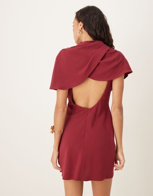 ASOS DESIGN high neck cape bodice mini dress with open back in burgundy