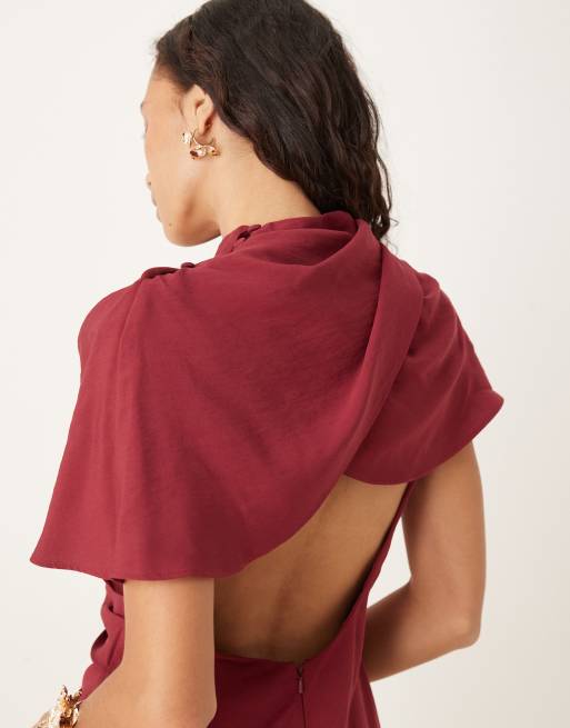 ASOS DESIGN high neck cape bodice mini dress with open back in burgundy