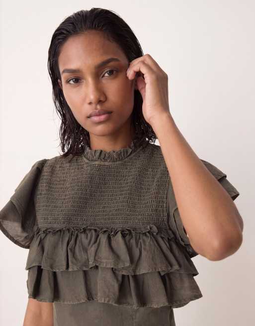 ASOS DESIGN - Vestito corto accollato grigio antracite con volant e arricciature, 2 di 4