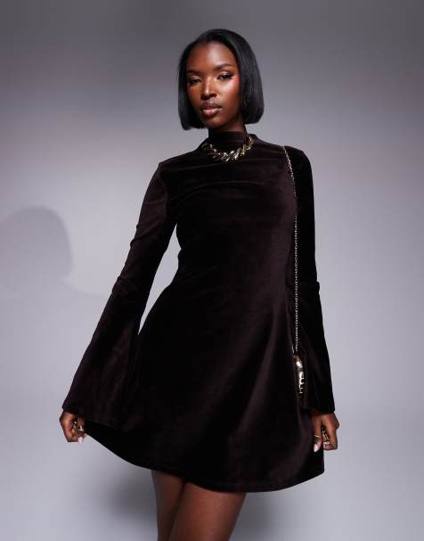 ASOS DESIGN - Vestito corto accollato in velluto a coste marrone con maniche svasate - view 1