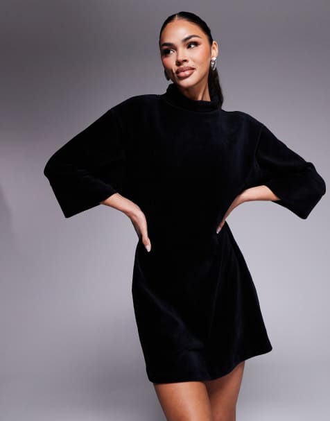 ASOS DESIGN - Vestito corto accollato nero in velluto a coste - view 1