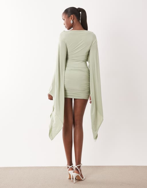 ASOS DESIGN - Vestito corto aderente con maniche ad ali di pipistrello verde salvia, 4 di 4