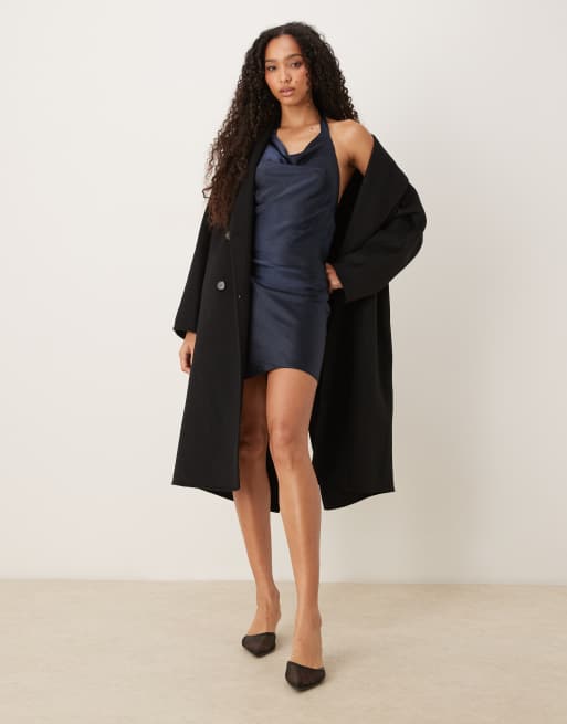 ASOS DESIGN - Vestito corto allacciato al collo color blu navy in raso