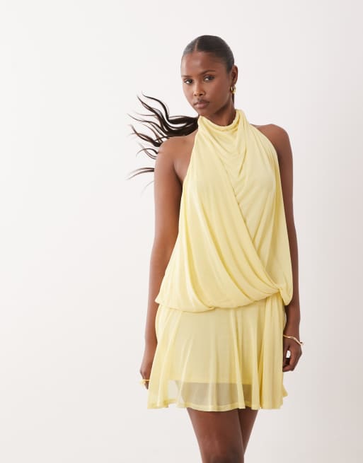 ASOS DESIGN - Vestito corto allacciato al collo drappeggiato in rete color limone, 2 di 4