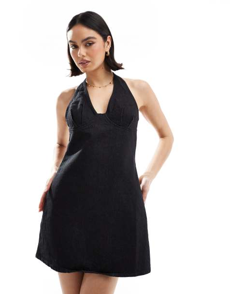 ASOS DESIGN - Vestito corto allacciato al collo in denim nero - view 1