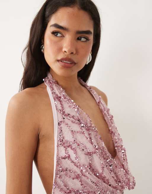 ASOS DESIGN - Vestito corto allacciato al collo in pizzo rosa con paillettes, 3 di 4