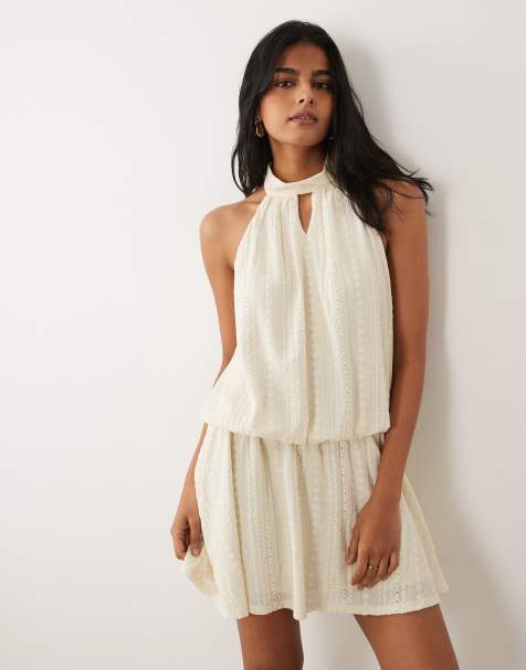 ASOS DESIGN - Vestito corto allacciato al collo in pizzo sangallo color crema - view 1