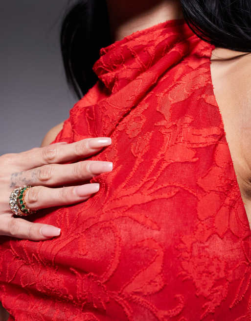 ASOS DESIGN - Vestito corto allacciato al collo rosso con vita scesa stile peplo e allacciatura sul retro, 3 di 4