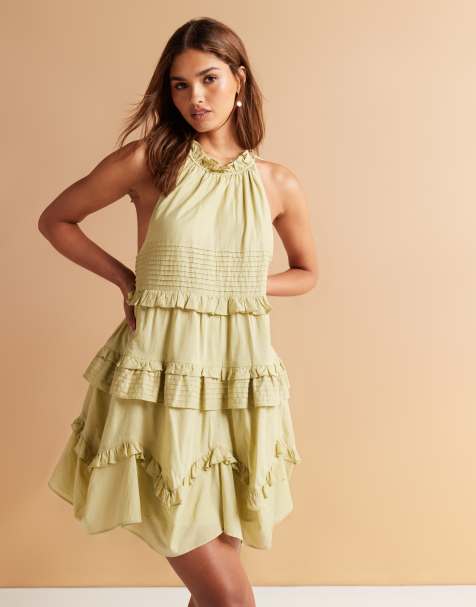 ASOS DESIGN - Vestito corto allacciato al collo verde oliva slavato con volant e pinces - view 1