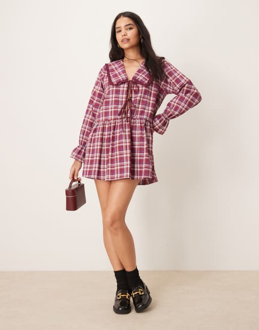 ASOS DESIGN - Vestito corto allacciato sul davanti color bordeaux a quadri