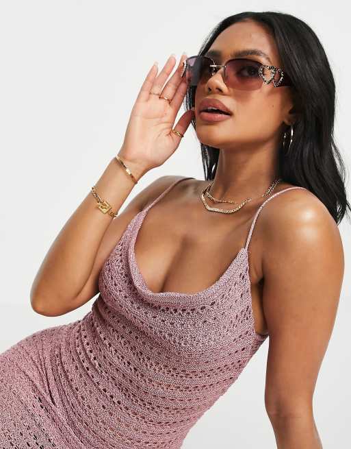 ASOS DESIGN - Vestito corto all'uncinetto rosa con scollo ad anello, 3 di 4