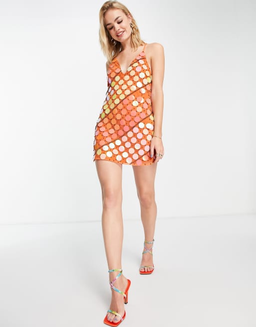 ASOS DESIGN - Vestito corto arancione con spalline sottili e paillettes a dischetto, 4 di 4