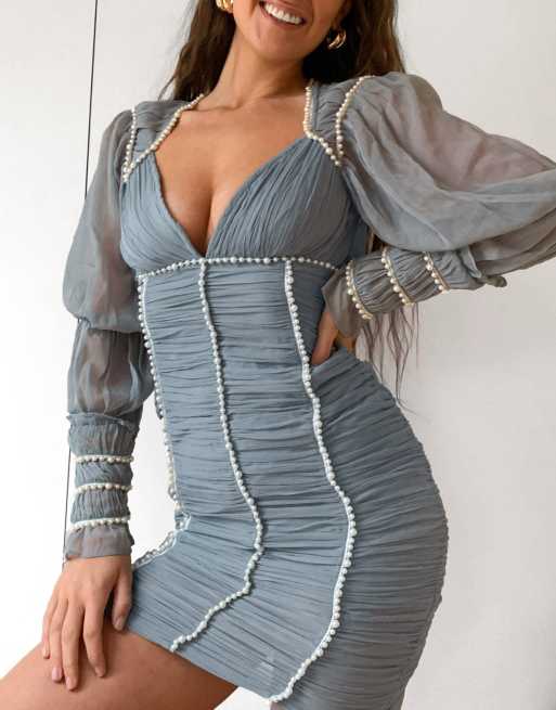 ASOS DESIGN - Vestito corto arricciato blu con perle