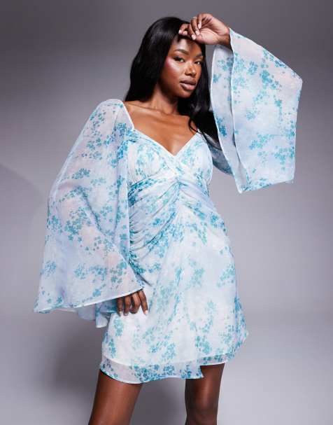 ASOS DESIGN - Vestito corto arricciato blu con stampa a fiori e maniche oversize - view 1