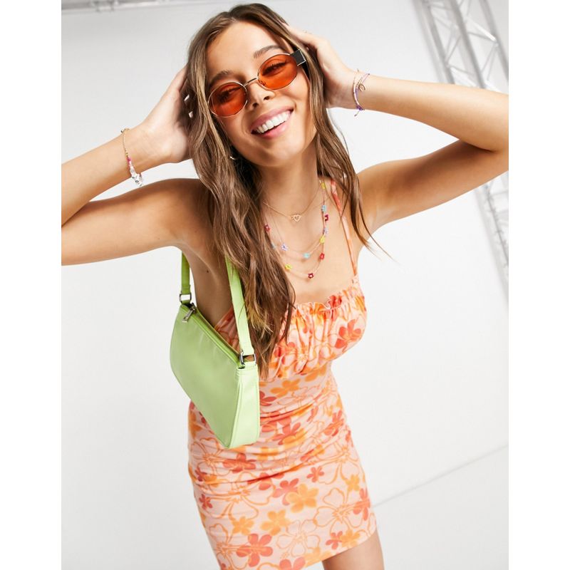 1BIJz Donna DESIGN - Vestito corto arricciato con spalline sottili arancione con fiori di ibisco