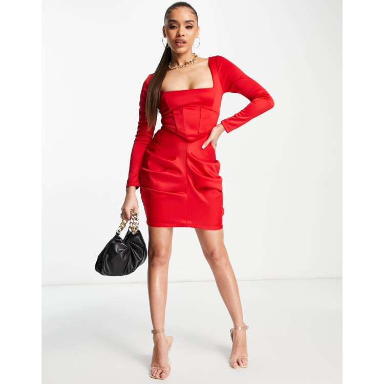 Asos Donna Abbigliamento Vestiti Vestiti sexy Vestito corto arricciato sui fianchi a maniche lunghe con corsetto con scollo quadrato in 
