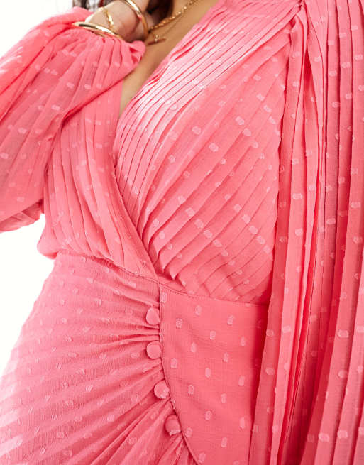 ASOS DESIGN - Vestito corto avvolgente in chiffon plumetis rosa vivo con bottoni e pieghe, 2 di 4