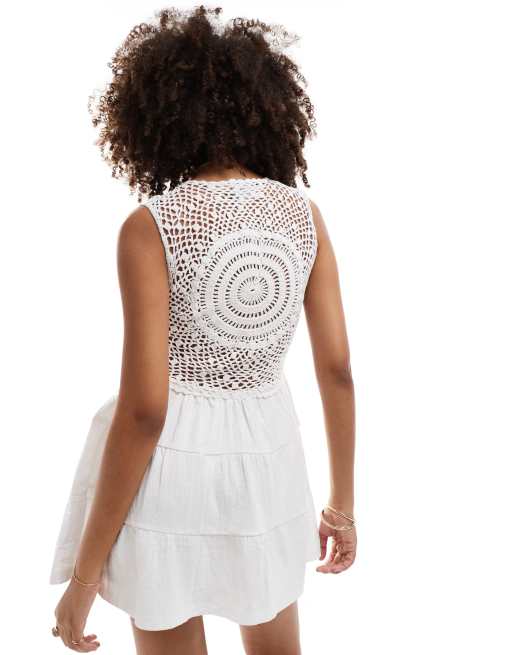 ASOS DESIGN - Vestito corto bianco con corpino all'uncinetto e gonna a balze, 4 di 4