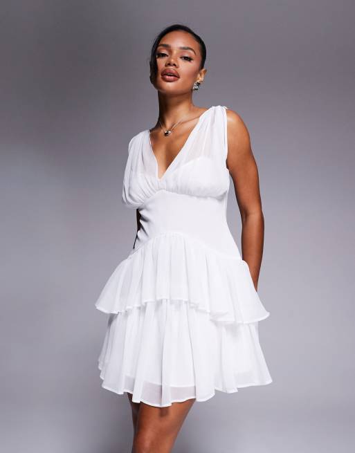 ASOS DESIGN Vestito corto bianco con laccetto, pinces e gonna a