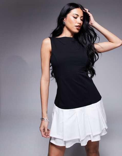 ASOS DESIGN - Vestito corto bianco e nero senza maniche con gonna in popeline e scollo a barchetta - view 1