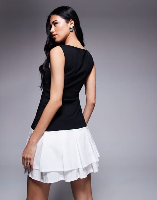 ASOS DESIGN Vestito corto bianco e nero senza maniche con gonna