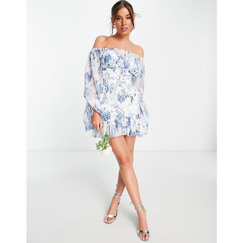 2vlke Vestiti da sera DESIGN - Vestito corto blu a fiori con spalle scivolate, corsetto e laccetti