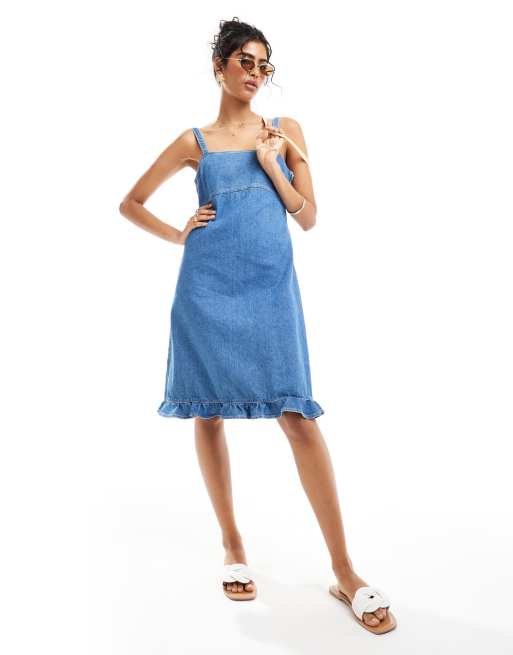 ASOS DESIGN - Vestito corto blu in denim con volant sul fondo