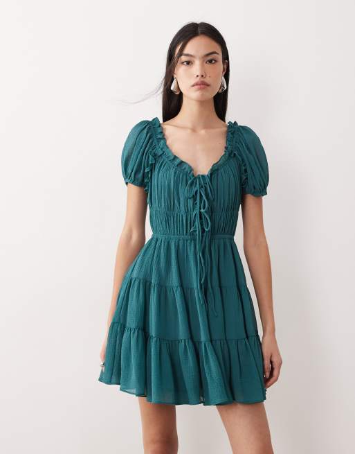 ASOS DESIGN - Vestito corto bohémien con maniche a sbuffo verde con volant, 2 di 4