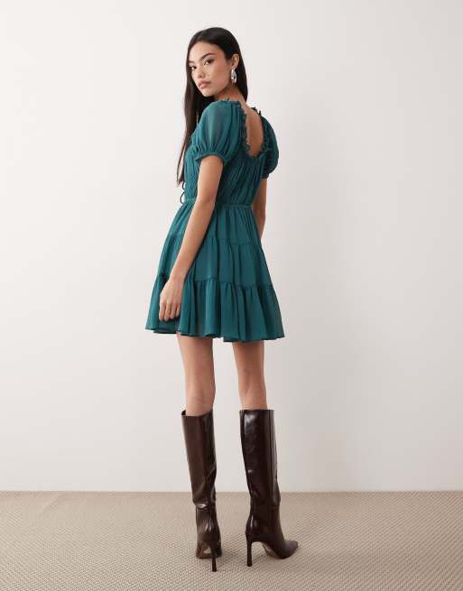 ASOS DESIGN - Vestito corto bohémien con maniche a sbuffo verde con volant, 4 di 4