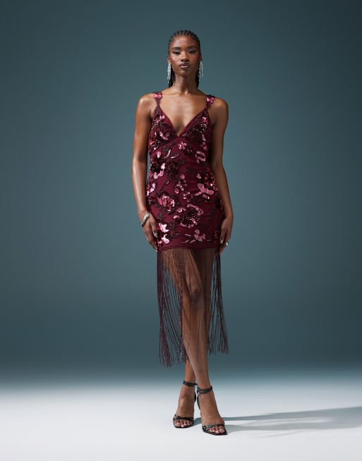 ASOS DESIGN Vestito corto bordeaux con frange di perline e decorazione floreali ASOS