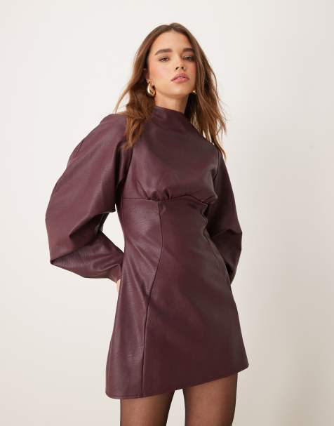 ASOS DESIGN - Vestito corto bordeaux effetto pelle con maniche cocoon e cuciture sotto il seno - view 1
