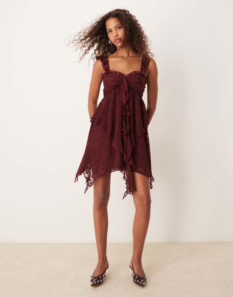 ASOS DESIGN - Vestito corto bordeaux in tessuto dévoré e pizzo con orlo a fazzoletto a strati - view 1