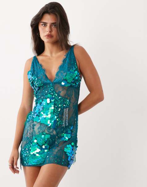 ASOS DESIGN vestito corto cami in pizzo trasparente con applicazioni posizionate verde petrolio - view 1
