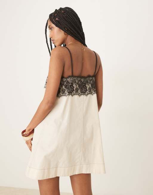 ASOS DESIGN - Vestito corto color avena con strato sovrapposto in pizzo e spalline sottili, 3 di 4