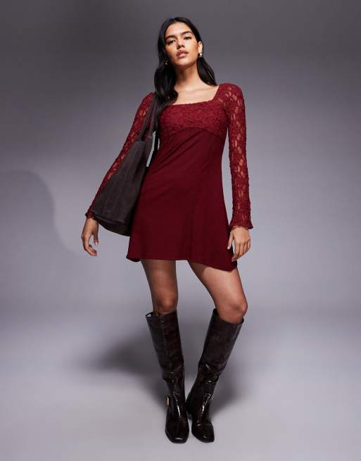 ASOS DESIGN - Vestito corto color bordeaux con maniche in pizzo e scollo squadrato