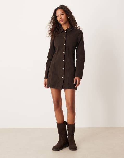 ASOS DESIGN - Vestito corto color cioccolato in denim a maniche lunghe con corpino aderente e gonna svasata - view 1