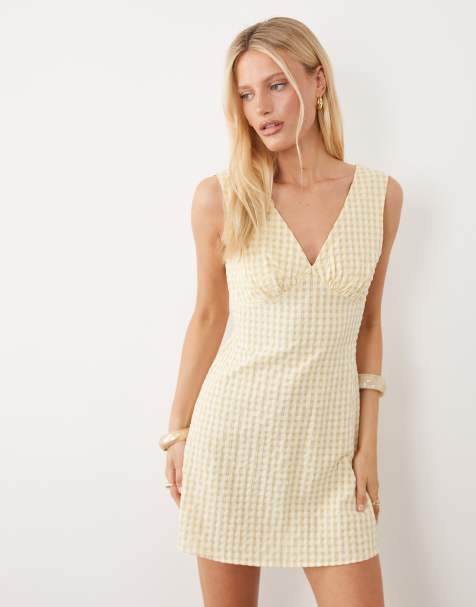 ASOS DESIGN - Vestito corto color crema a quadretti con scollo a V - view 1