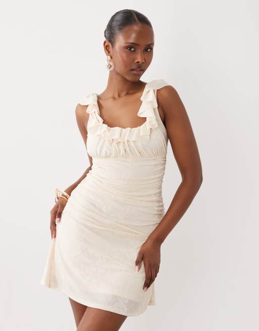 ASOS DESIGN - Vestito corto color crema dévoré con scollo squadrato e allacciatura sul retro 