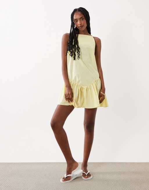 ASOS DESIGN - Vestito corto color limone in popeline con scollo dritto e vita scesa
