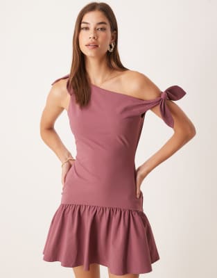 ASOS DESIGN - Vestito corto color mora con vita scesa, spalla scivolata e spalline annodate - view 1