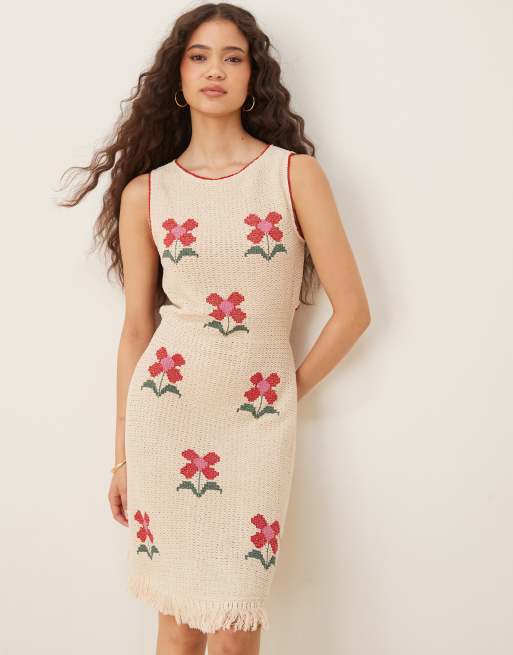 ASOS DESIGN - Vestito corto color panna all'uncinetto con fiori ricamati