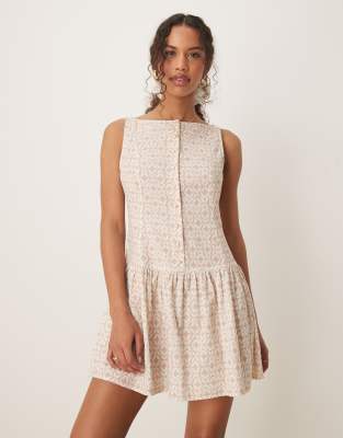 ASOS DESIGN - Vestito corto color pietra con stampa fantasia, scollo a barchetta, vita scesa e bottoni